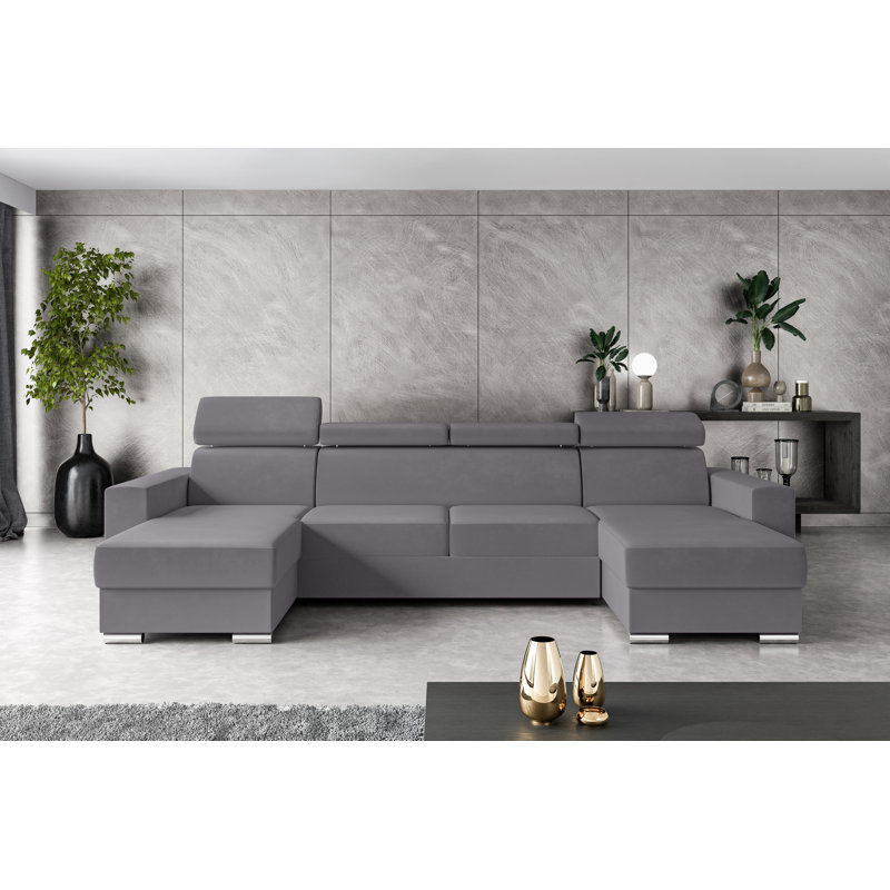 Corner sofa with sleep function and bed box FOX, Grey polyester
