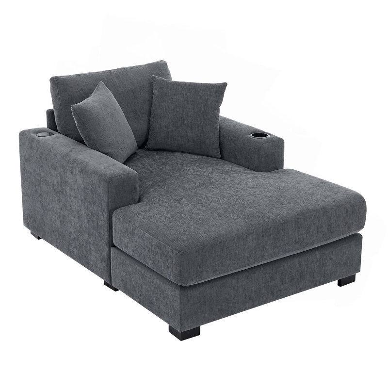 43.5" Oversized Modern Chaise Lounger Sofa Couch | Chenille Fabric with Pillows, Charging Station and Cup Holders, Blue Gray