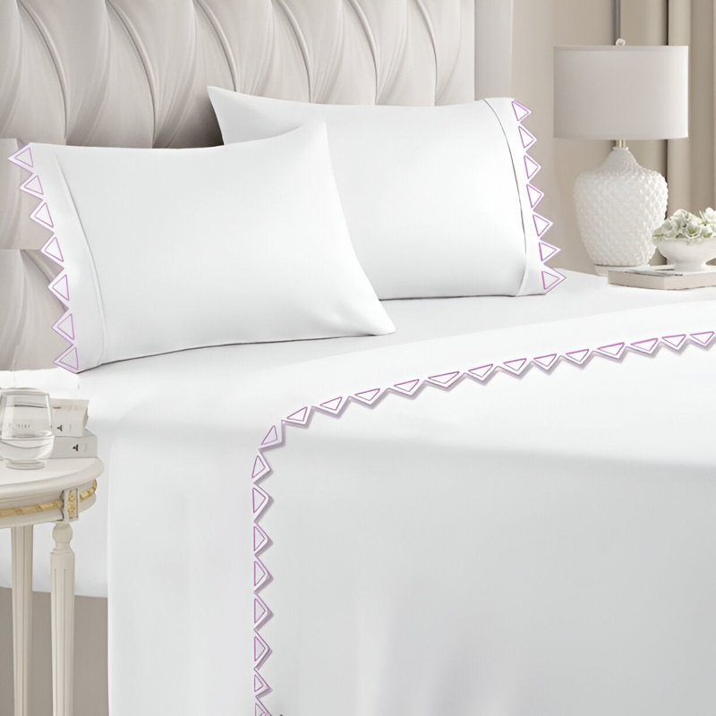 Ashley 400TC Cotton Traingle Embroidery Cotton 4 Piece Sheet Set Fitted Sheet Fits Upto 16" Deep Pocket, Lilac