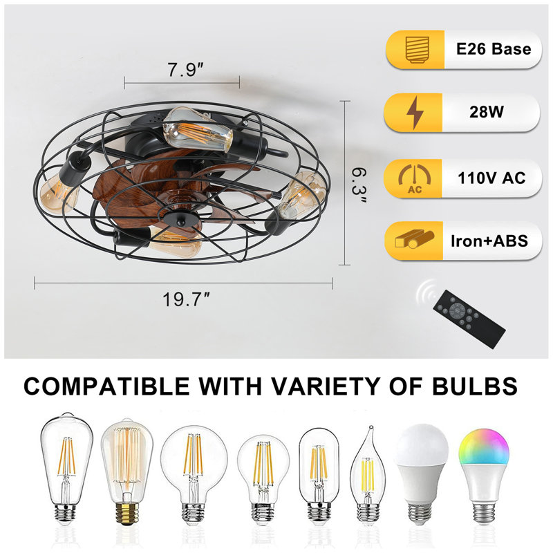 Ventilateur de plafond en cage avec lumière, ventilateurs de plafond à profil bas de ferme de 20 po avec télécommande, ventilateurs de plafond 4X E26 fermés modernes avec moteur réversible, cuisine pour chambre à coucher, noir