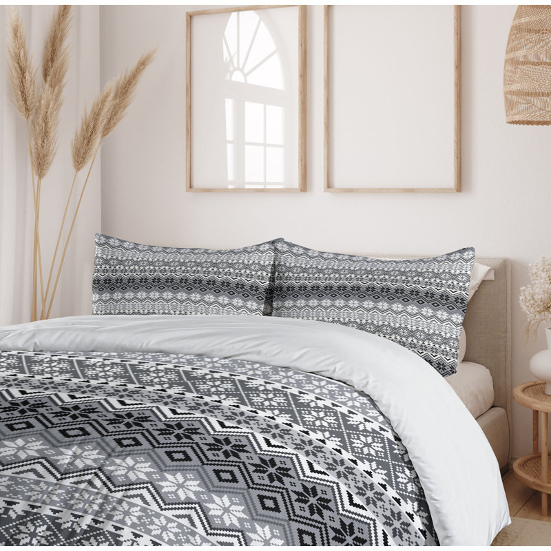 Rustic Geometric Shapes Duvet Cover, Twin Duvet Cover + 1 Pillow Sham, Nordic Snowflake Knit