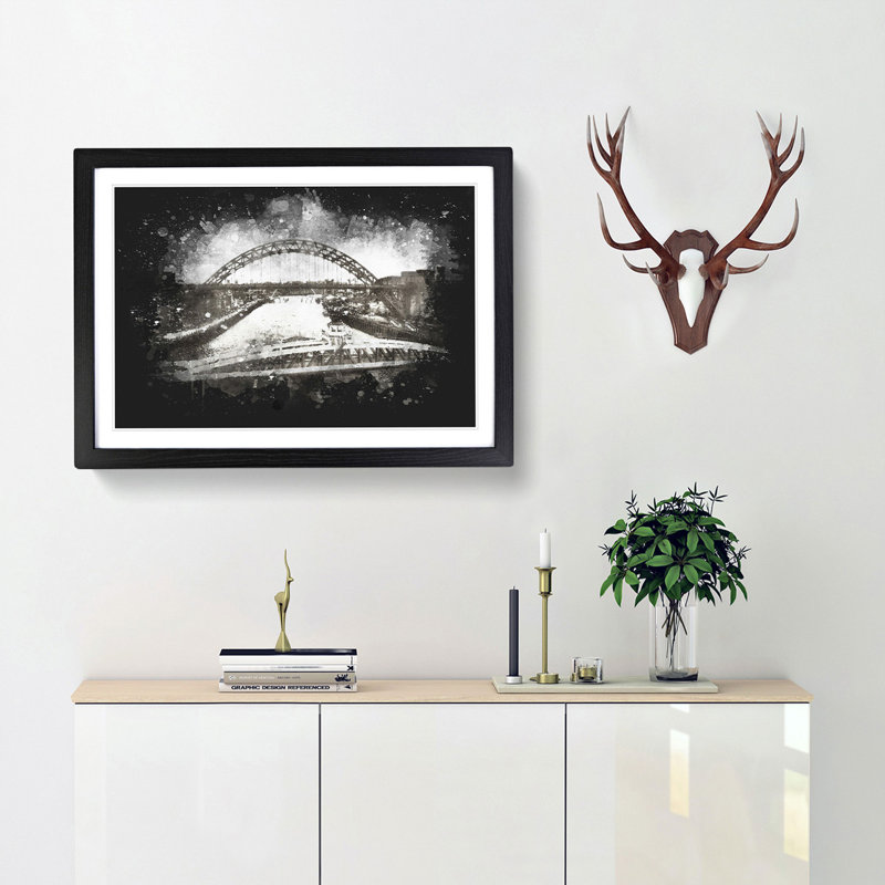 Tyne Bridge Linking Newcastle - Picture Frame Graphic Art Print, 33cm H x 45cm W x 2cm D, Black Framed