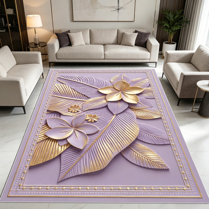 1PC 3D Embossed Lavender Gold Tropical Floral Leaf area rugs for Living Room, Soft, All seasons, Easy-maintain, Washable Indoor mat, Farmhouse suitable for for living room, bedroom, dining area...