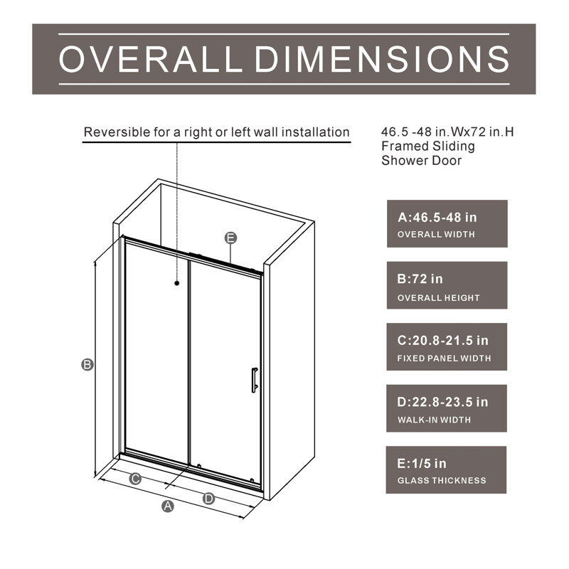 Shower Door,46.9-48.in W X 72.in H,1/5 Inch Thick Bathtub Aluminum Frame Clear Tempered Glass Sliding Door With Sgcc Standards,stainless Steel Handle,chrome