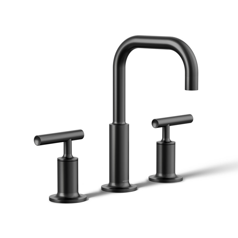 Purist® Widespread Faucet with Drain Assembly Low Lever Handles and Low Gooseneck Spout, Matte Black