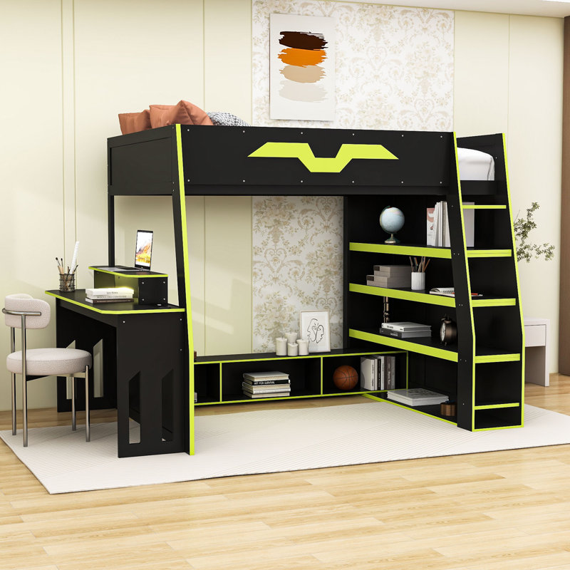 Lit mezzanine en bois avec bureau, tablettes et lumière RVB, Vert
