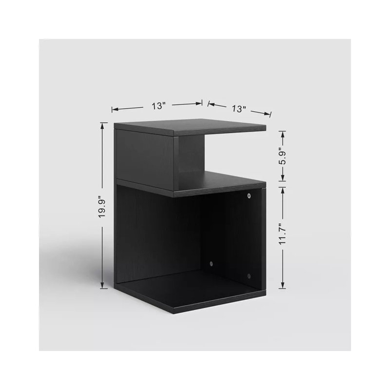 20'' S-Shaped End Table and Bookcase With Open Storage Shelves, Black