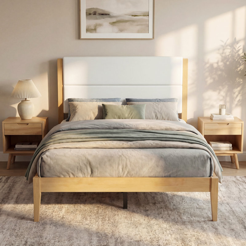 Lit plateforme moderne de style Mid-Century avec tête de lit tapissier, lattes en bois massif, aucun sommier requis, assemblage facile