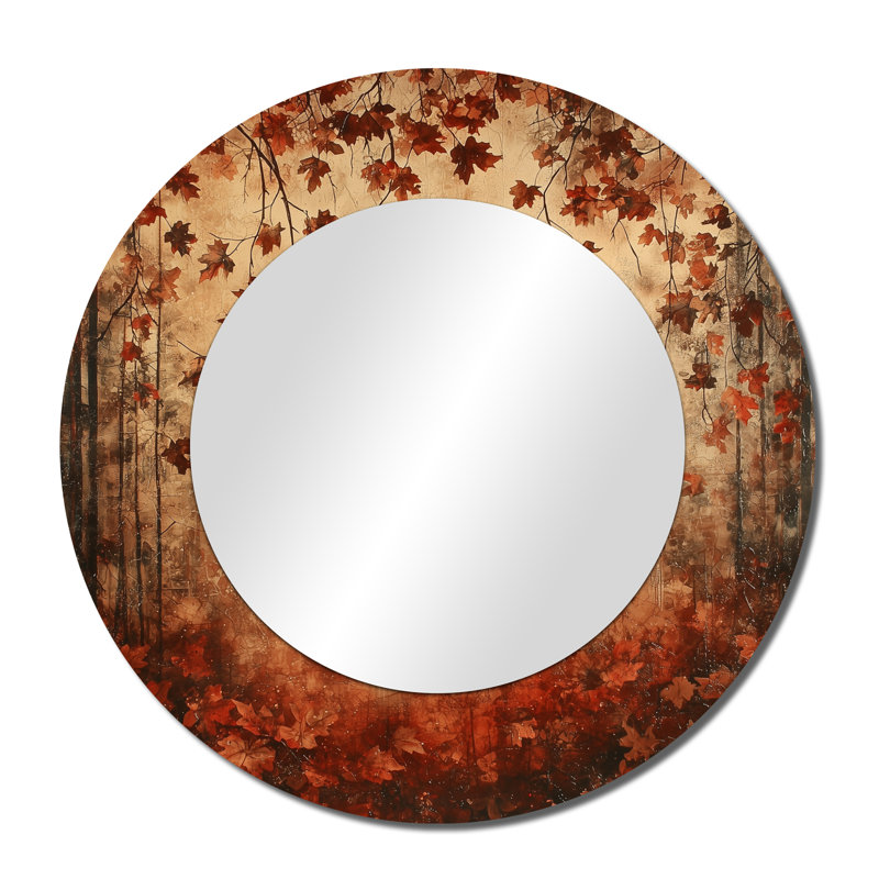 «Red Falling Oak Leaves I» - art mural décoratif traditionnel en miroir - imprimé sur métal, 36 po x 36 po