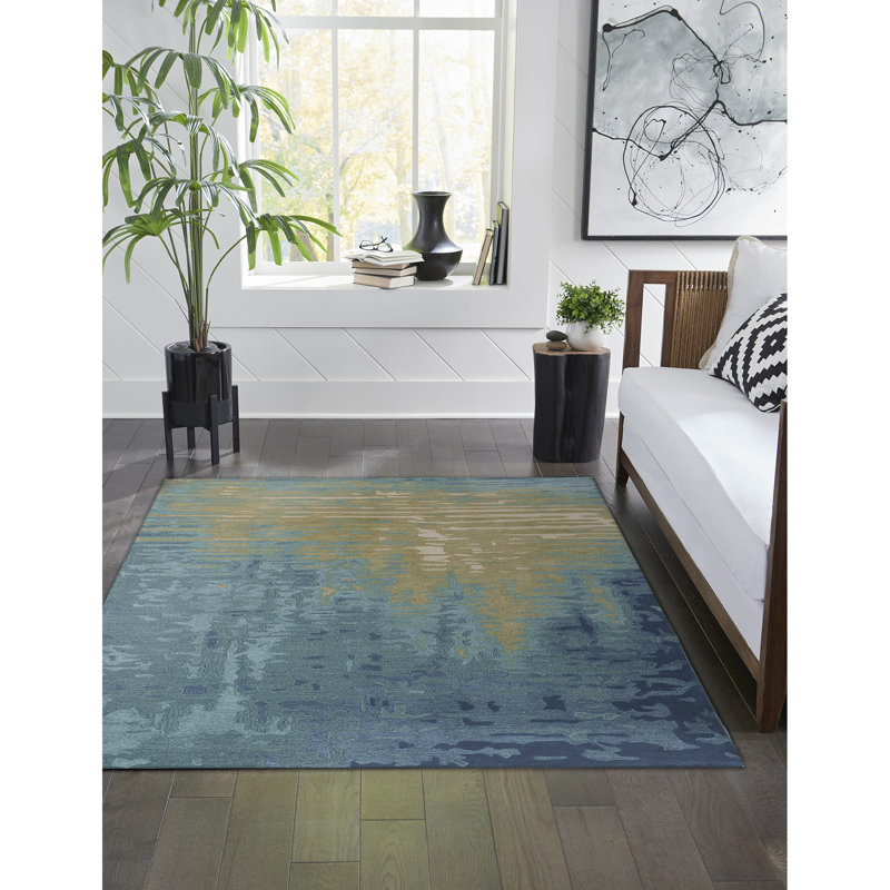 Tapis bleu en laine touffeté à la main Tasley, Rectangle 5 pi x 7 pi 5 po