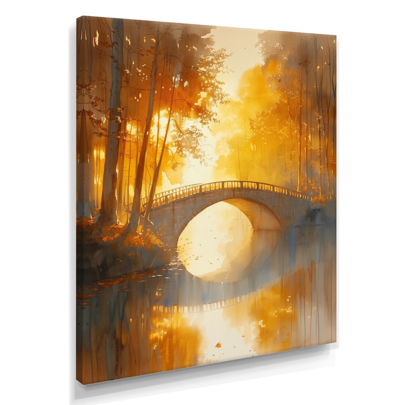 Décoration murale jaune et beige, automne, rivière de beauté I - Ponts, Toile tendue, H 16 po x l 32 po