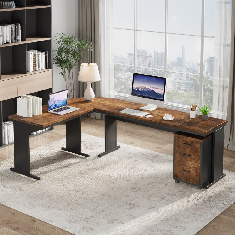 83" Reversible L-Shaped Desk With Rolling File Cabinet & Drawers - Large Executive Corner Desk, Home Office Workstation