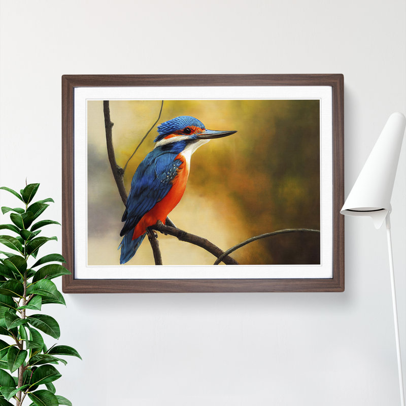 XH1022-8704X Supreme Kingfisher Bird 1 Piece Single Picture Frame Wall Art, 34cm H x 46cm W x 2cm D, Walnut