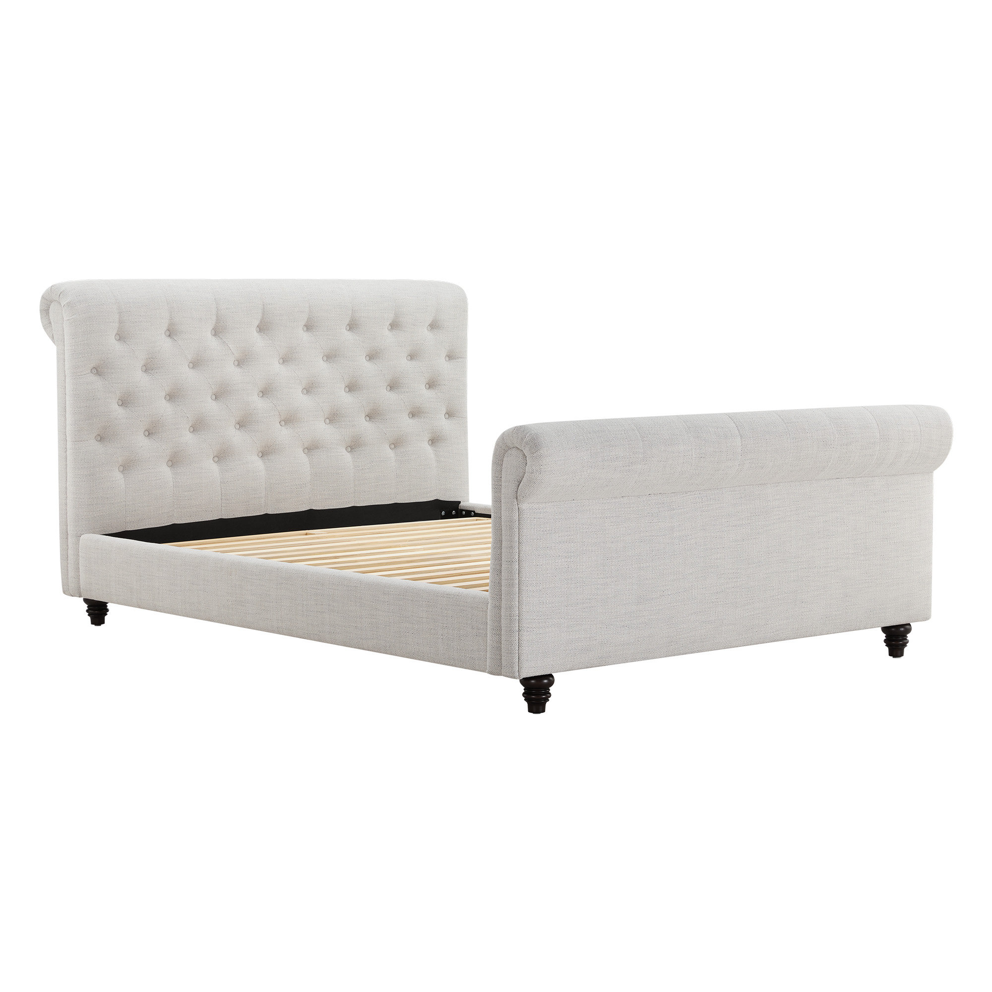 Waverly Rolled-Arm Diamond-Tufted Upholstered Platform Bed with Birch Wood Legs, Prestige Ivory, Queen