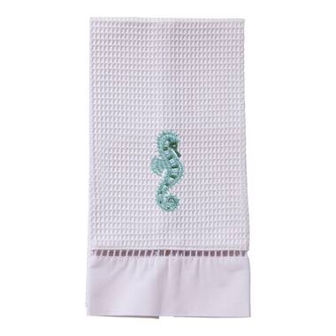 White Waffle Weave Guest Towel with Aqua Blue Linen Border