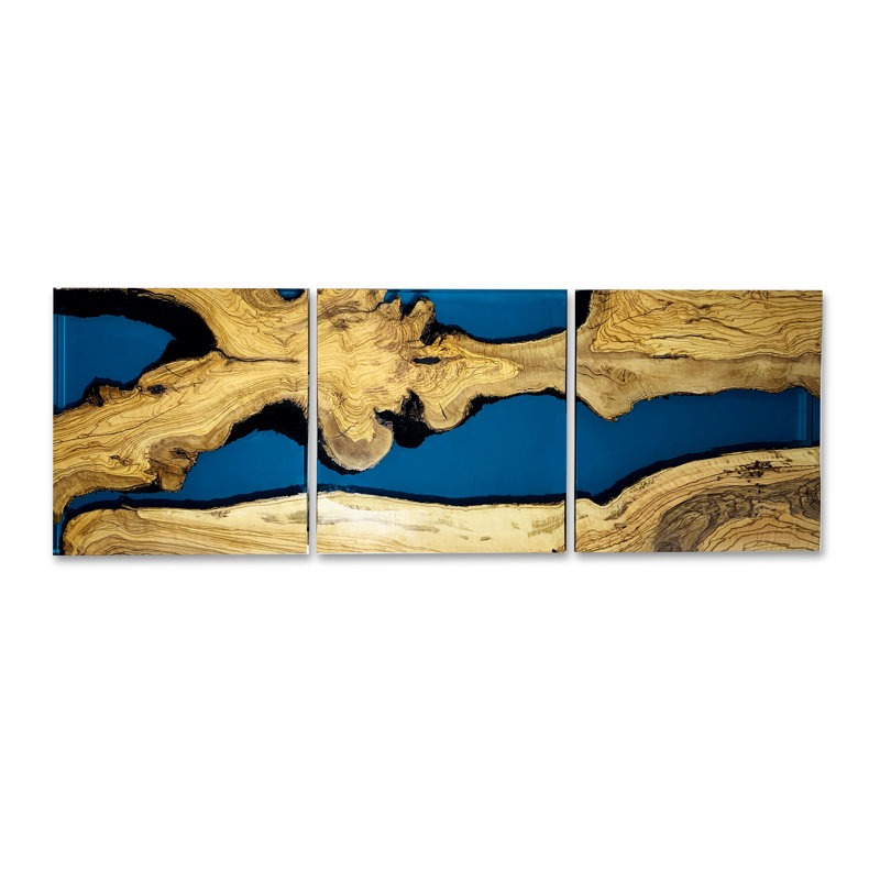 Handmade Wood & Resin Wall Decor, Glossy Blue/Natural, 17.7" x 53" x 2"