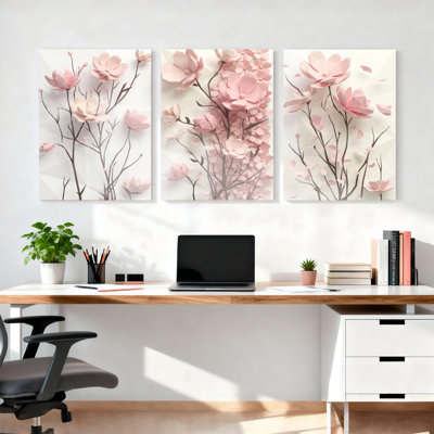 Pink Cherry Blossom Floral Canvas Wrapped Wall Art Set Of 3 For Living Room Bedroom Decor