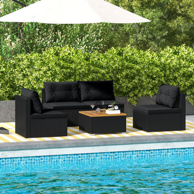 5 Piece Outdoor Furniture Set With Seat & Back Cushions Acacia Wood Tabletop
