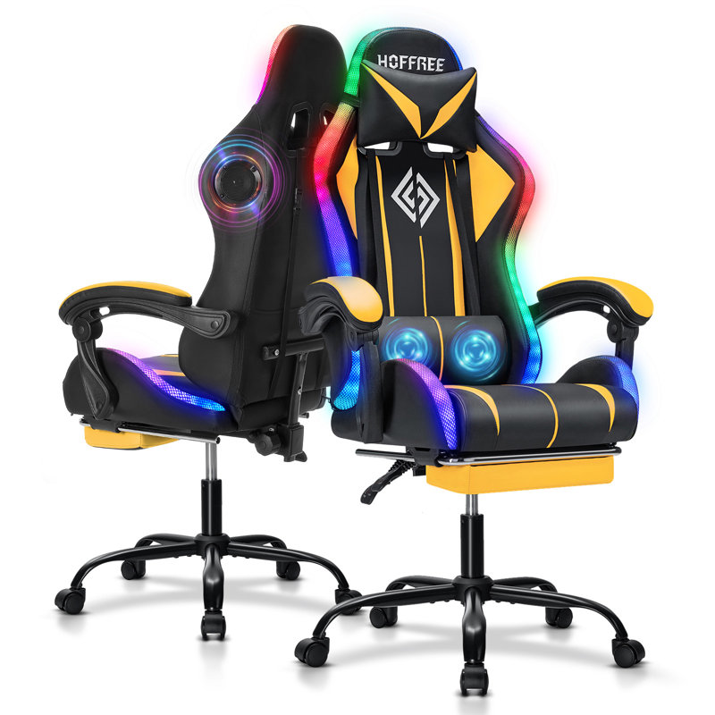 Hoffree LED Ergonomic Gaming Chair with Bluetooth Speakers and Vibration Lumbar Pillow, Yellow/Black