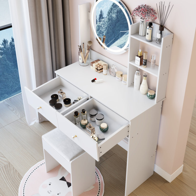 Table de coiffeuse ronde de 17 po à DEL, tabouret réglable à 3 couleurs, tabouret confortable, tablettes multicouches, convient aux petits espaces, style américain, grand bureau blanc et miroir, espaces idéaux, design,