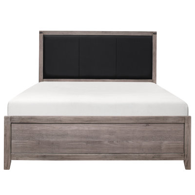 Mobilier de chambre à coucher: Lit double gris brunâtre avec tête de lit en similicuir