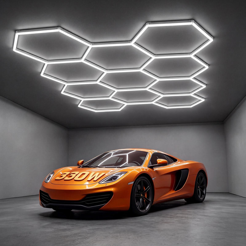 Projecteur hexagonal pour garage 330 W 39 600 lm 6 500 K, système de 11 grilles DEL, éclairage puissant pour la vente au détail automobile, installation facile, matériau PC durable, pour garage, entrepôt, atelier, magasin, salle de sport