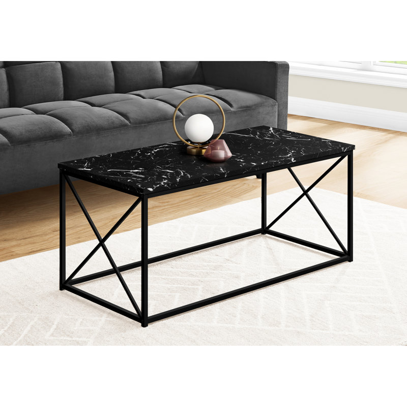Table basse en marbre noir de 40 po avec support contemporain en métal pour la surface et les pieds rectangulaires du salon