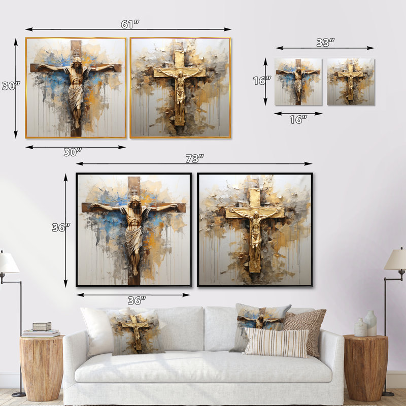 Minimalisme Jésus croix, ensemble de 2 collages carrés, Cadre flottant noir, H 16 po x l 33 po
