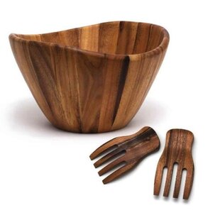 Arthur Court Salad Bowl Acacia Wood Serving for Fruits or Salads Wok Wave Style Extra Large Single Wooden Bowl - Silver