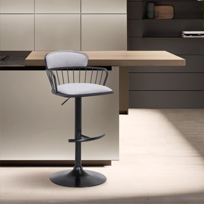 Deshundra Modern Swivel Adjustable Height Upholstered Bar Stool with Arms in Black Wood and Metal