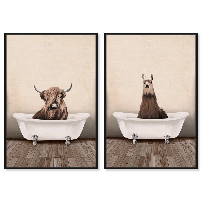 Rustic Bathroom - ensemble de 2 impressions, Toile avec cadre noir, H 16 po x l 22 po