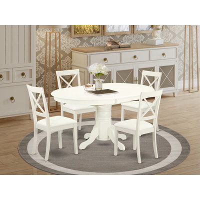 5 Piece Dining Set Includes an Oval Dining Room Table with Butterfly Leaf and 4 Faux Leather Upholstered Chairs, Linen White