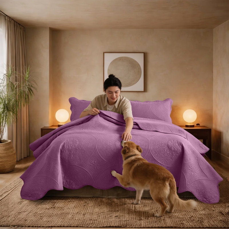 Floral Embossed Microfiber Quilted Bedspread Set, Queen Coverlet/Bedspread + 2 Standard Pillowcases, Purple