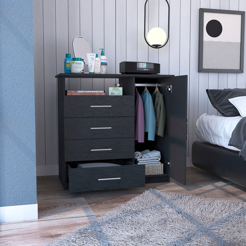 Commode 4 tiroirs, 1 tablette ouverte, plateau supérieur, armoire à une porte, noir, Noir
