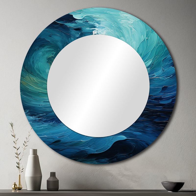 Aqua Blue And White Serenity Swirl II - Abstract Spirals Large Mirror, Modern Round Decorative Wall Mirror, Printed Metal Art