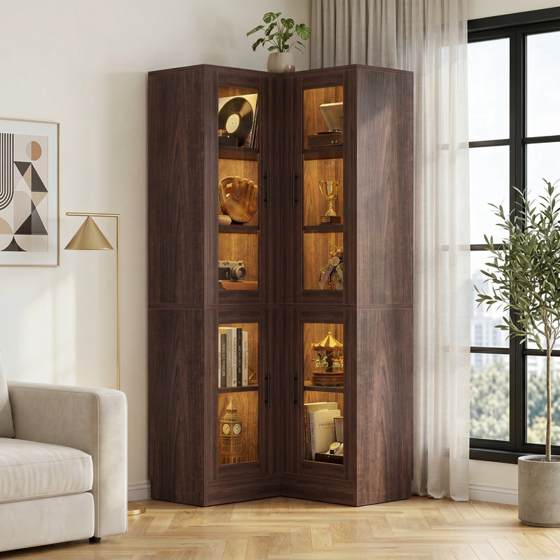 Bibliothèque d'angle à 5 niveaux avec portes en verre, Noyer