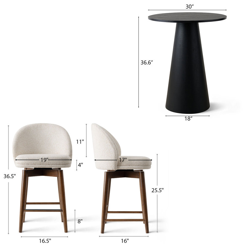 Modern 30" Round Counter Height Dining Set with 3 Upholstered Swivel Counter Stools, Cream