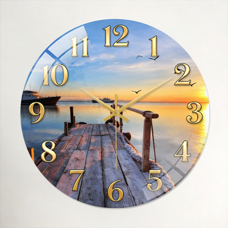 Horloge murale décorative en verre Sunset Dock, 60 x 60 cm (23,6 x 23,6 pouces)