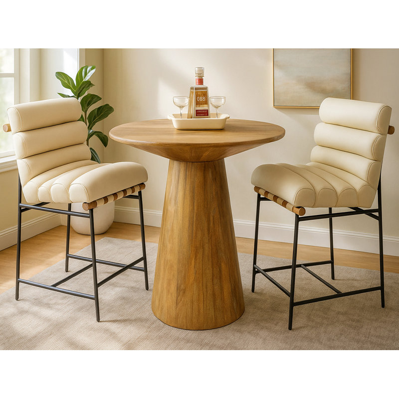 Ensemble de table de comptoir 36 po Gwinn avec 2 chaises de comptoir Layla en cuir authentique ivoire