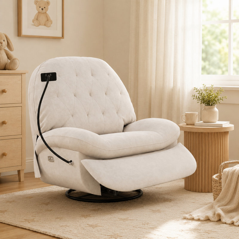 42" W Cream Soft Fabric Upholstered Power Swivel Rocker Recliner Chair with USB Port, Phone Holder, and Adjustable Footrest