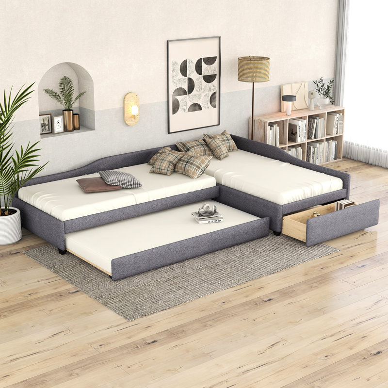 Lit de jour simple gris avec couchette et tiroir - confort rembourré, fabrication en contreplaqué pour la longévité et la base, maximise l'utilisation de l'espace