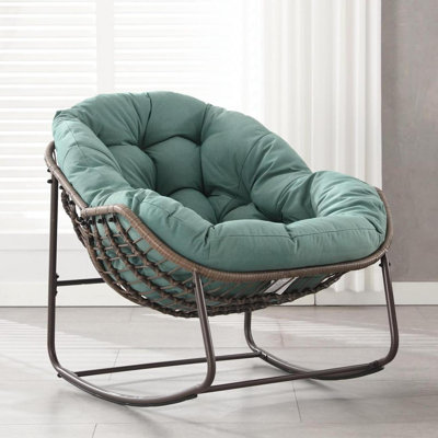 Outdoor Rocking Chair, Patio Oversized Wicker Egg Rocking Chair, Indoor & Outdoor Comfy Rocker Chair with Thick Cushion, Modern Lounge Chair for Balco by Latitude Run