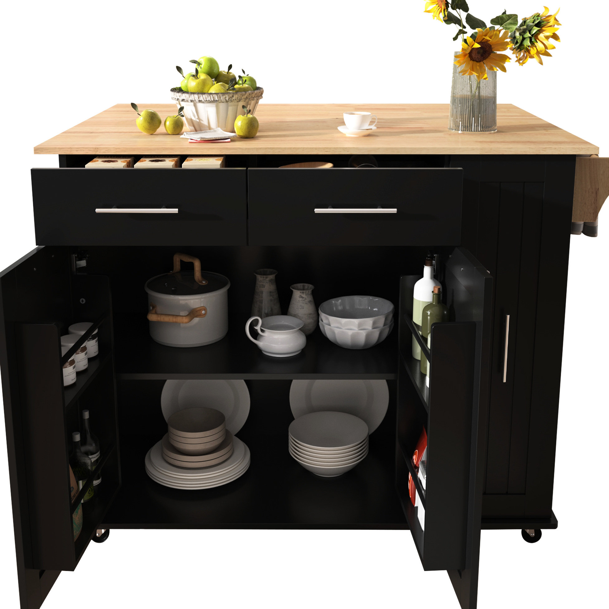 Latitude Run® Kitchen Island With Drop Leaf & 3 Tier Storage Organizer ...