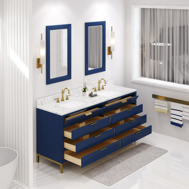 Bristol 60" Carrara White Marble Countertop Bath Vanity with Faucet, Monarch Blue, 72"
