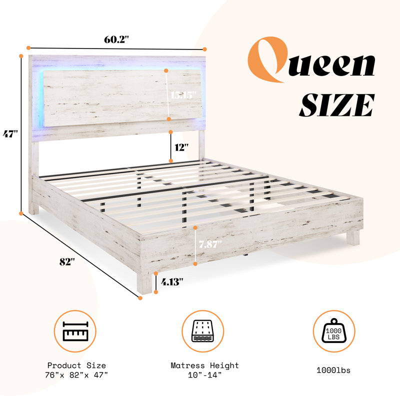 Tryston Wood Queen Bed Frame with LED Headboard, White, Queen, White