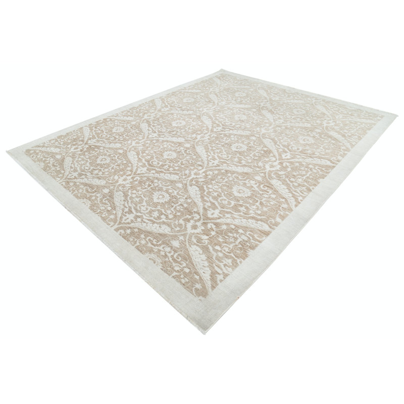 Tapis décoratif en laine noué à la main 8,3 x 10,3 pi, motif taupe et ivoire avec motif à médaillon répétitif pour le salon