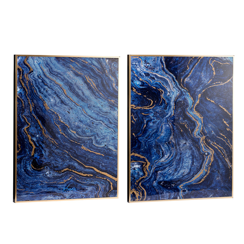 Ensemble de 2 panneaux d'art encadrés bleus et dorés, motif marbré unique, 30,5 po x 40 po