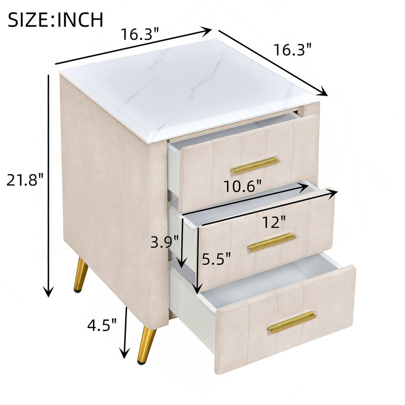 Table de chevet rembourrée en bois avec 3 tiroirs et pieds et poignées en métal, table de chevet, Beige