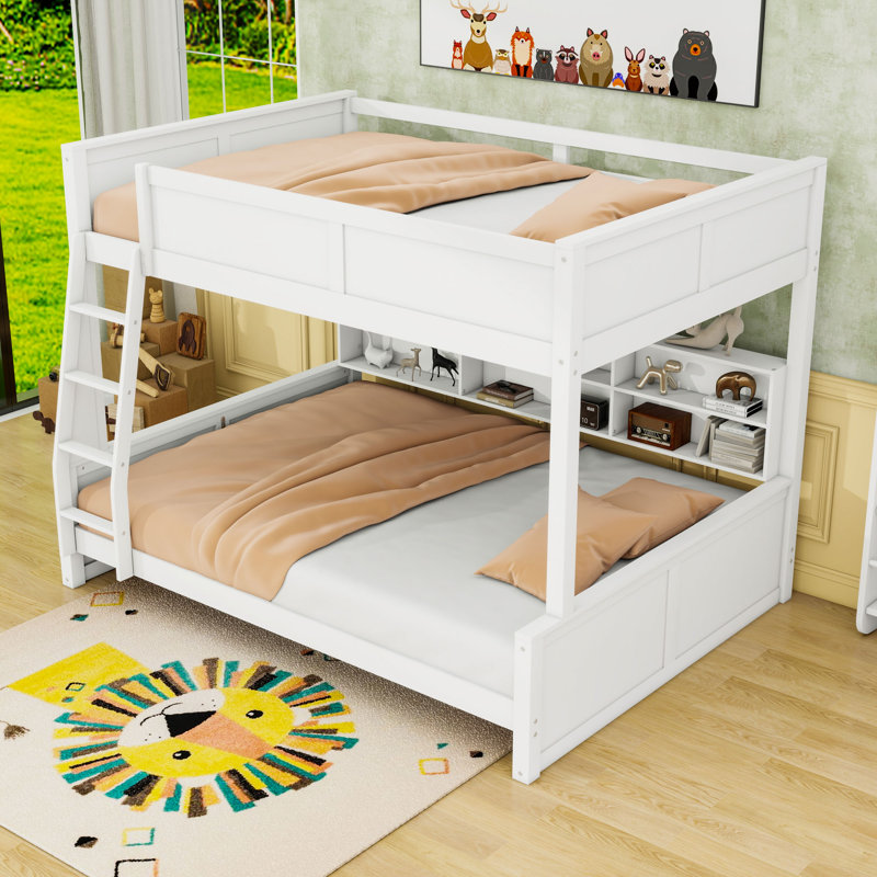 Lit superposé avec armoires et ports USB, Double TG sur grand, Blanc antique