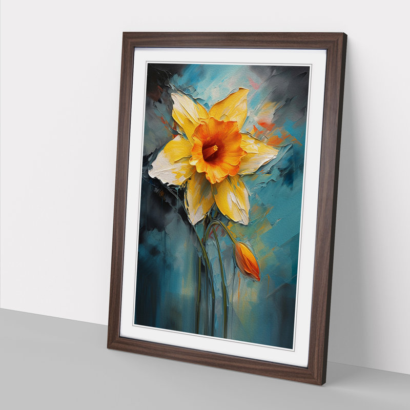 Daffodil Flower Expressionism No.2 - Single Picture Frame Print on Wood, Walnut Framed, 64cm H x 46cm W